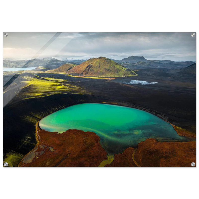 Volcanic Majesty: Icelandic Teal Lake Landscape Acrylic Print for Breathtaking Modern Art Displays